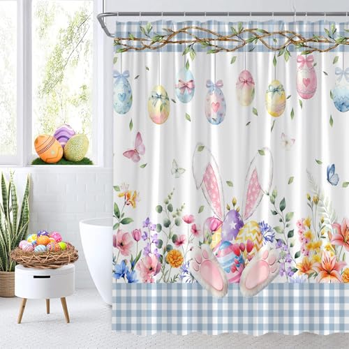 AEMBEE Easter Shower Curtain - Cute Bunny & Floral Blue Plaid, 70"x70"