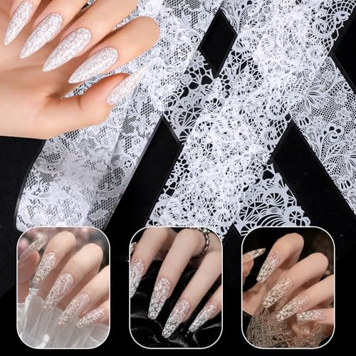 JJUNW 20 Rolls Lace Nail Foil Set - Black and White Flower Nail Art Transfer Decals for DIY Acrylic Gel Manicures