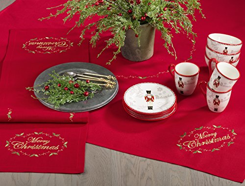 Merry Christmas Embroidered Table Runner 14x90 Red Holiday Decor