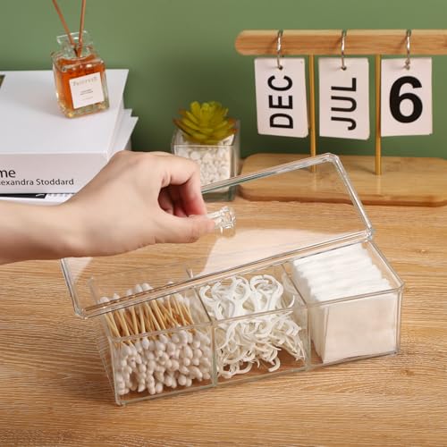 Sohalejr Acrylic Lid Qtip Holder with 3 Compartments - Transparent Bathroom Organizer