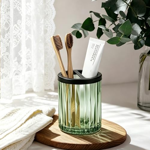 Komashr 8oz Green Striped Toothbrush Holder with Divider