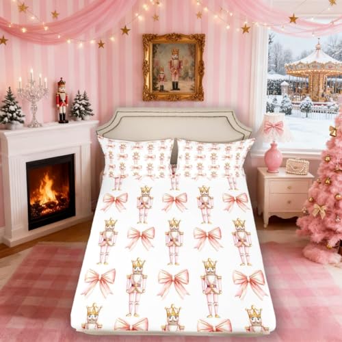 Pink Bowknot Fitted Sheet Twin Size - Cartoon Nutcracker Kids Bedding Set with Pillowcase - Golden Pink Variation