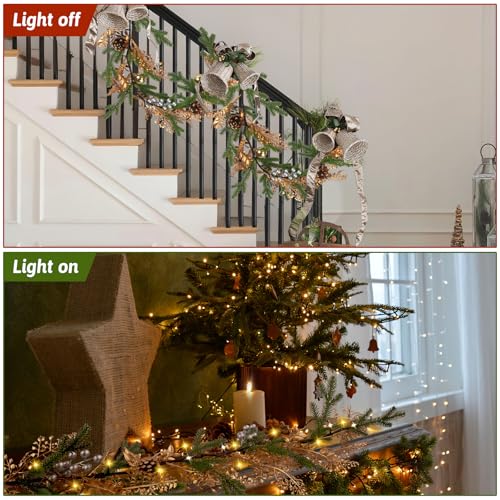 5.2ft Christmas Garland with Lights, Pine Needles, Pinecones, 40 LEDs, Battery Operated Indoor Decor