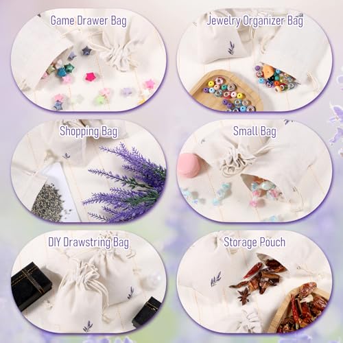 12 Pcs Lavender Embroidered Cotton Drawstring Bags - 4x6 Inch