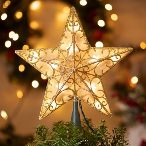Pvc Gold Star Tree Topper with Built-in 10 Bulb String Lights - Silver Glitter Christmas Star with 3D Design, Indoor Holiday Decoration