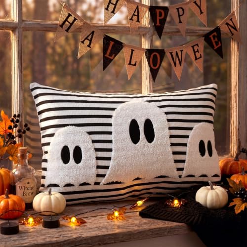 Boao Halloween Ghost Pillow Cover 12x20 Black and White Striped, Pack of 1