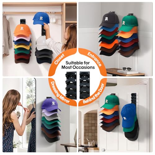 Black Hat Organizer - 2 Pack Wall Rack for Baseball Caps, Holds 16 Hats