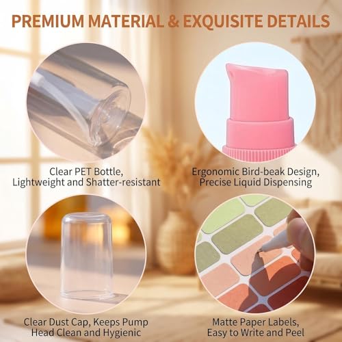 Light Red 10ml Clear Plastic Cream Pump Bottles - 6 Pack with Labels