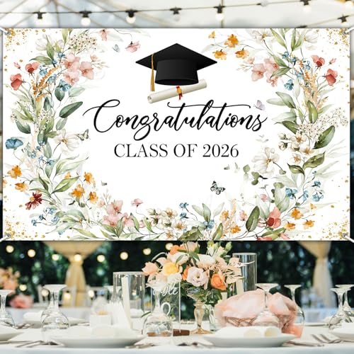 Wildflower Graduation Backdrop Banner - Class of 2026, 70.8 x 43.3 Inch