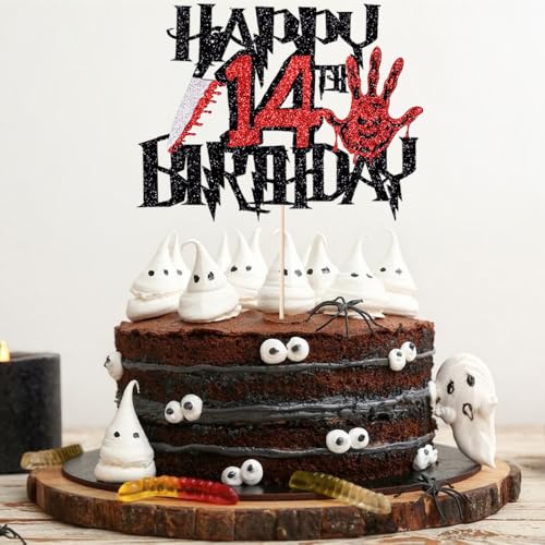 Glitter Killer Happy 14th Birthday Cake Topper - Halloween Decor