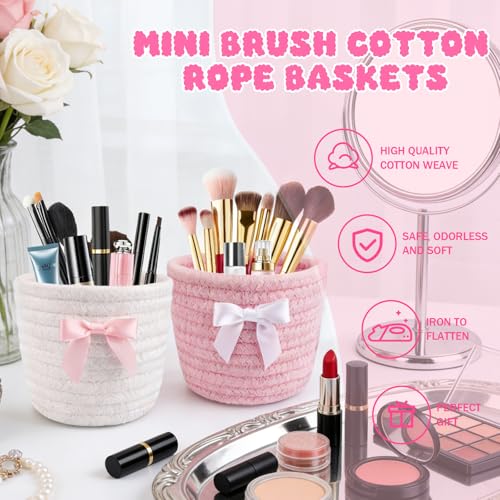 Pink Bow Makeup Brush Holder Set - Woven Cotton Storage Baskets