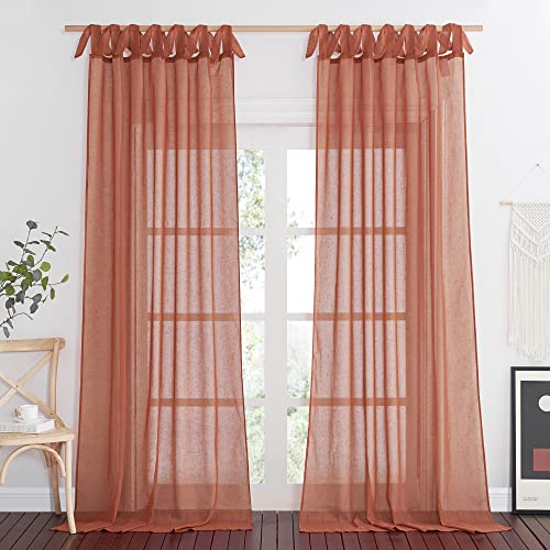 NICETOWN Burnt Orange Linen Sheer Curtains 84 inch Long 2 Panels, Adjustable Tie Top DIY Crafted Semi Sheer Linen Drapes Privacy with Light Filtering for Bedroom/Living Room, W52 x L84