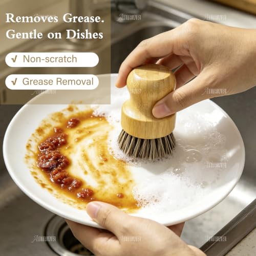 AUEAR Natural Bamboo Dish Scrub Brush 4-Pack - Coconut Bristles for Pots & Pans