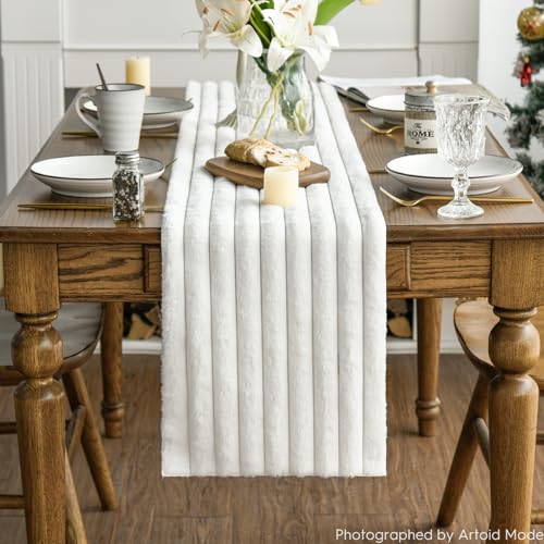 Ivory Faux Fur Jacquard Table Runner 13x60 Inch Holiday Decor