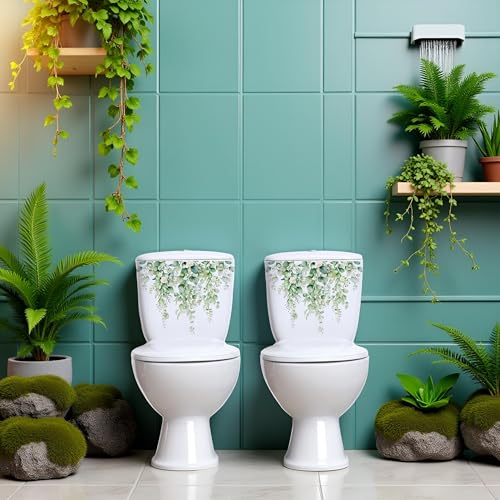 Green Plant Toilet Lid Decals - Self-Adhesive Botanical Bathroom Wall Decor