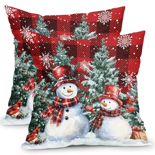 18x18 Inch Snowman Pillow Covers Set of 2 Red Check Christmas Holiday Decor