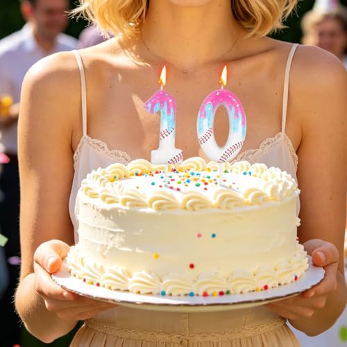 Number 10 Baseball Birthday Candle with Realistic Ice Cream Drip Design