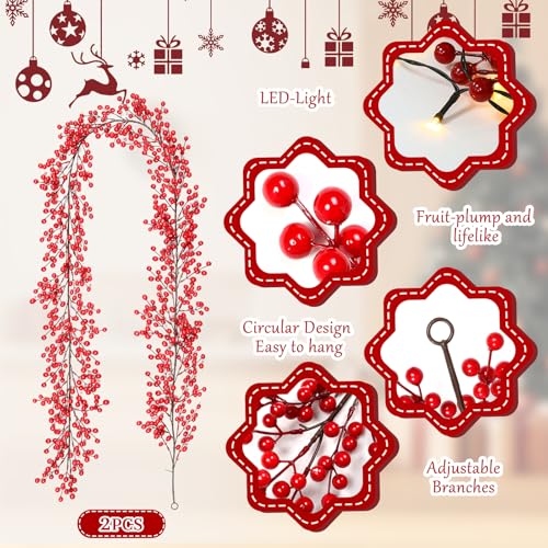 2 Pack 8.9ft Christmas Red Berry Garland with String Lights - Holiday Decor