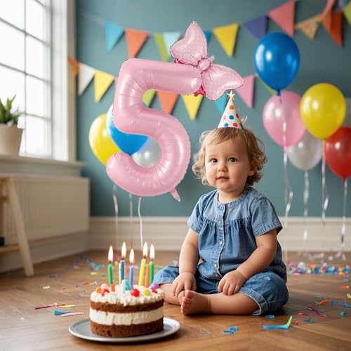 40-Inch Pink Number 5 Balloon with Bow for Girls' Birthday