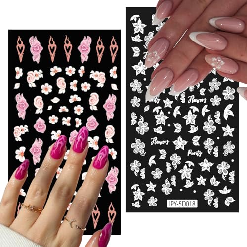 ITPOYOL 6 Sheets 5D Embossed Flower Nail Art Stickers Self-Adhesive Floral Decals