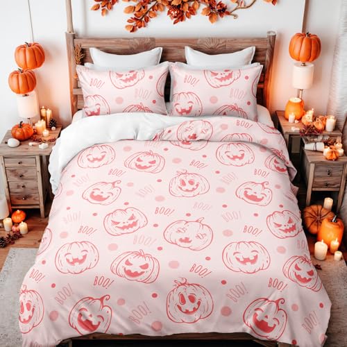 Chumerry King Size Pink Halloween Duvet Cover Set with Ghost & Pumpkin Print