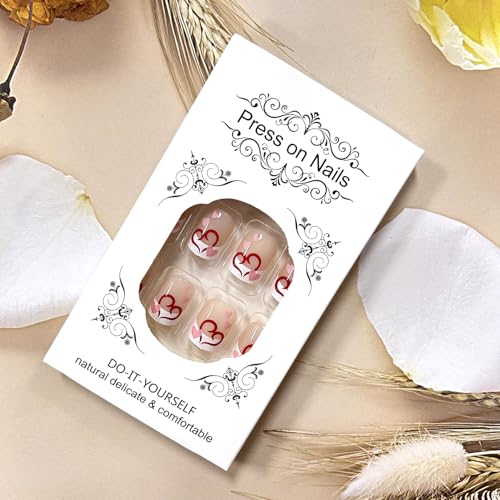 Valentine's Short Square French Press On Nails with Red Heart Glossy Design