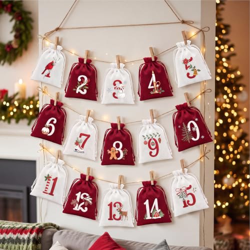 Christmas Advent Calendar Bags - Red & White, 24 Count Holiday Countdown Decor