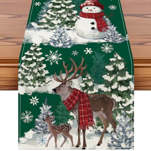 Artscope Reindeer Snowman Christmas Tree Table Runner 13x120 Inch - Green Holiday Decor