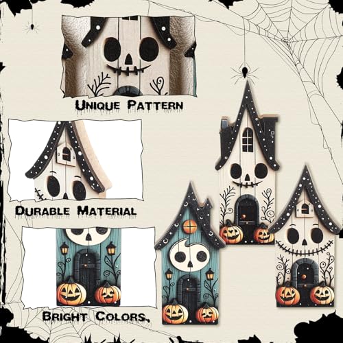 Haunted House Wooden Block Sign Set - 3 Pcs Halloween Table Decor