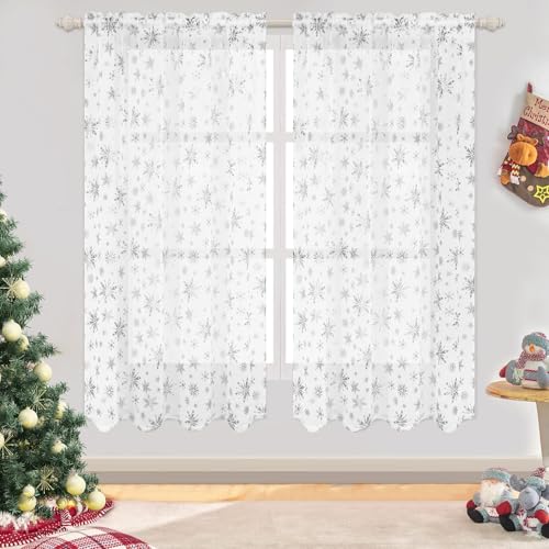 Christmas Sheer Curtains with Snowflake Foil Print, 52W x 63L, 2 Panels - White-Silver