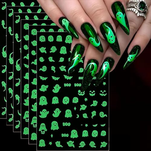 KAICCOSO 6pcs Glow in the Dark Halloween Nail Stickers Self-Adhesive Ghost Bat Nail Decals