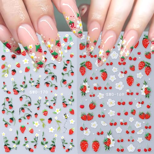 3D Embossed Floral Nail Art Stickers Daisy Strawberry Cherry Decals