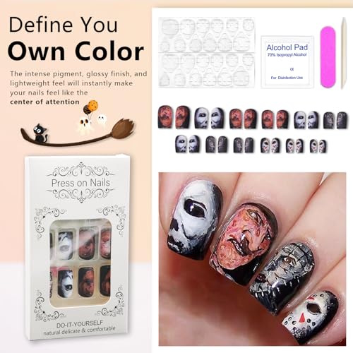 Halloween Press on Nails Black Glossy Short Square Fake Nails 24 Pcs