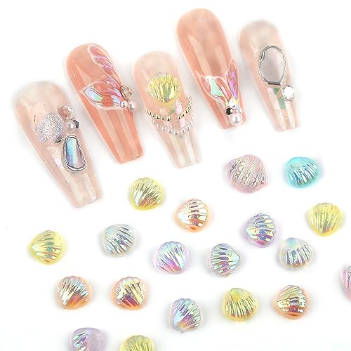 MEILINDS Iridescent Resin Seashell Nail Charms 100pcs 3D Mermaid Shell Art