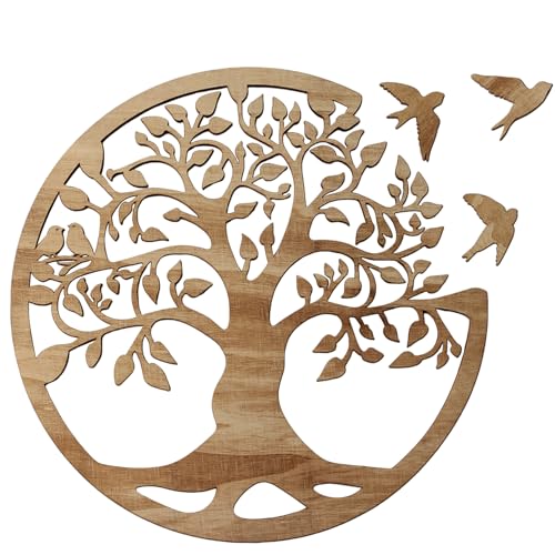 12-Inch Wooden Tree of Life Wall Art - Round Boho Home Decor with 3 Birds