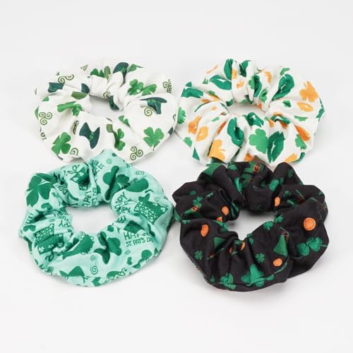 St Patrick's Day Hair Scrunchies 4-Pack Green Shamrock Irish Ponytail Holders