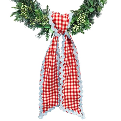 Blue Red Buffalo Plaid Wreath Sash - 54.33" Satin Tie for Front Door