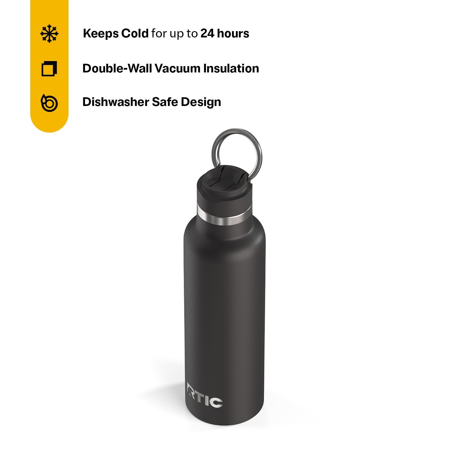 RTIC 20oz Journey Water Bottle Ceramic Lined Metal Stainless Steel Vacuum Insulated, BPA Free, Reusable, for Water, Hot and Cold Drinks, Travel, Sports, Camping, Black