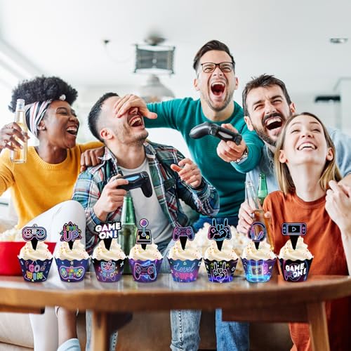 96 Pcs Neon Video Game Cupcake Toppers and Wrappers Party Set