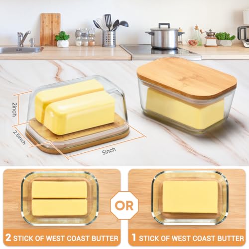 Hekeieon Glass Butter Dish with Bamboo Lid - Keeps Butter Fresh