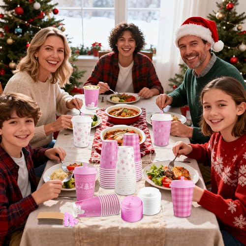 Pink Christmas Coffee Cups with Lids & Sleeves - 16 Oz Disposable Holiday Party Set