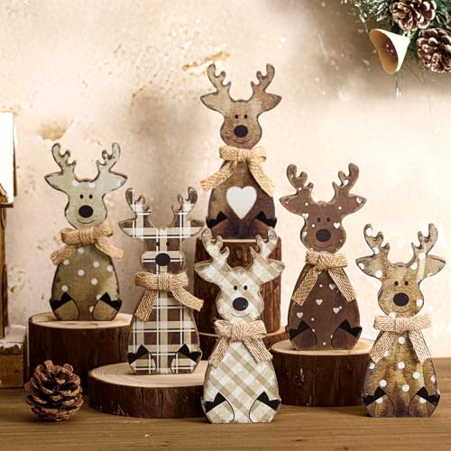Wooden Reindeer Christmas Decor Set - Farmhouse Rustic Holiday Accent, 6 Pieces