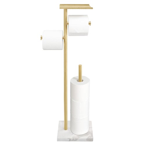 GZILA Brushed Gold Toilet Paper Stand Holder with Shelf, Marble Design Base Free Standing Toilet Paper Roll Holder with 2 Dispenser SUS 304 Stainless Steel Reserve, Storage 5 Rolls