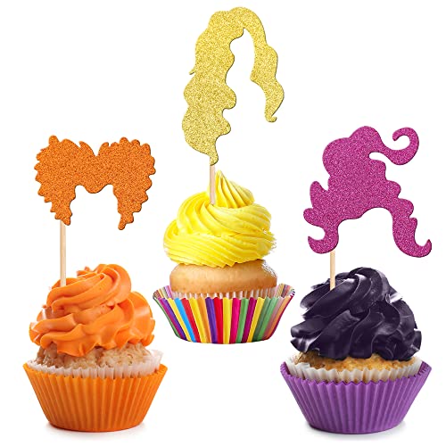 36 PCS Hocus Pocus Witch Hair Cupcake Toppers - Glitter Decor