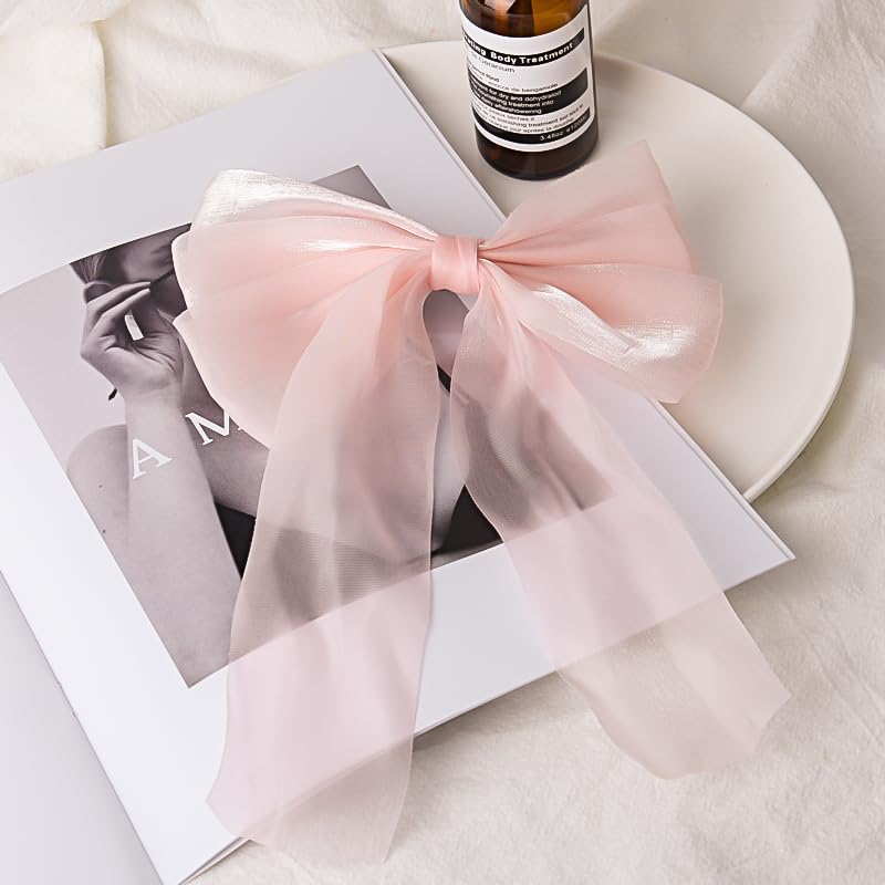 Light Pink Tulle Hair Bow Clip with Tassels Coquette French Barrette