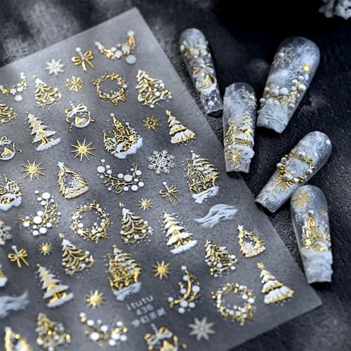 5D Embossed Christmas Nail Art Stickers Self-Adhesive Gold Silver Winter Decals