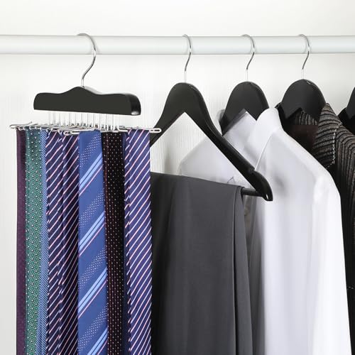 Black Wooden Tie Rack Organizer with 24 Folding Hooks - Space Saving Closet Storage