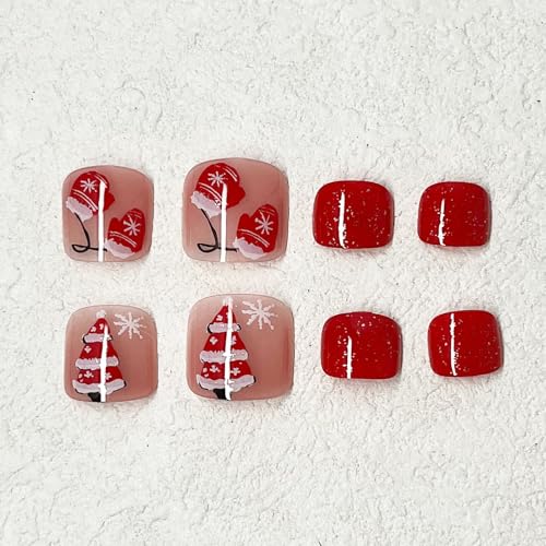 Christmas Press-On Short Square Toenails with Snowflake Design - 24Pcs