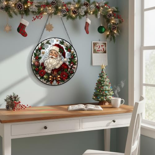Christmas Santa Claus Stained Glass Suncatcher for Window Hanging - Red Santa, 7.9"