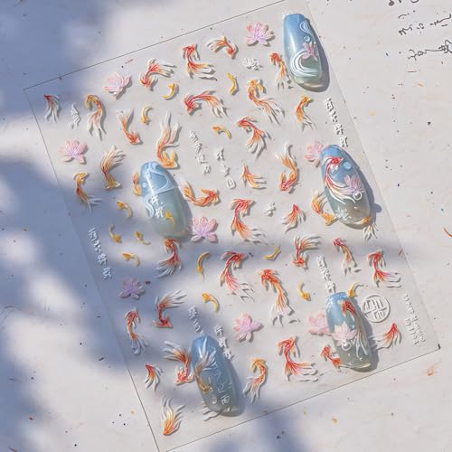 5D Embossed Goldfish Nail Art Stickers - Koi Fish & Lotus Leaf Decals